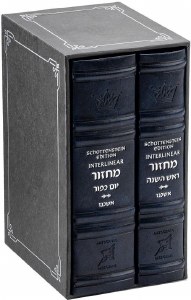Picture of Artscroll Faux Leather Interlinear Machzorim Schottenstein Edition 2 Volume Slipcased Set Mid Size Hebrew English Navy Ashkenaz